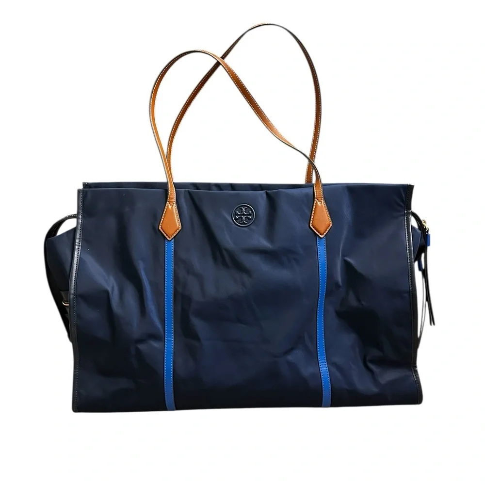 Tory Burch The Perry Overnight Travel Bag Blue Nylon Faux Leather Trim One Size